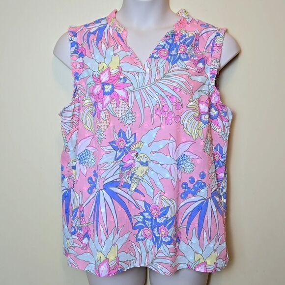Talbots Tropical Print Tank Blouse Size XL Novelty Print Parrots Island Vacation - Picture 1 of 10